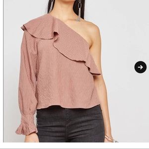 Topshop Asymetrical Pink Black Stripe One Shoulder Blouse (Size 4)